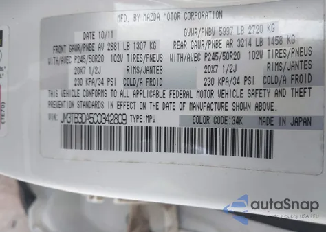 2012 Mazda Cx-9 Grand Touring from USA, damaged, VIN JM3TB3DA5C0342809